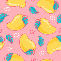 Seamless pattern mango fruits on pink pastel background