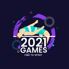 2021 Games Time To Sport Concept With Faceless Athletes Performing High Jump Crossbar On Abstract Background.