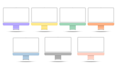 Apple iMac 24 set.Realistic mockups of new iMac 24.Realistic monitor iMac 2021 for computer.Computer display isolated on white background.Vector in EPS10 - obrazy, fototapety, plakaty