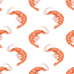 Seamless pattern with shrimps or prawns on a white background. Cute print for textiles, paper and other designs. A source of vitamins and healthy nutrition