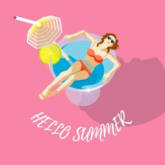 Vector graphics, a girl in a swimsuit swims in a glass with a cocktail