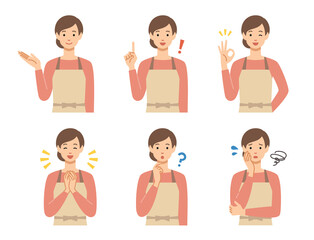 エプロン姿の主婦　表情パターンセット