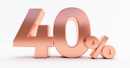 40 percent on white background. 3d render of a bronze forty percent