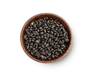 Fototapeta premium Black beans in wooden bowl isolated on white background, top view