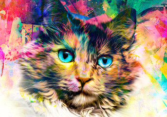 cat head with creative colorful abstract elements on dark background
