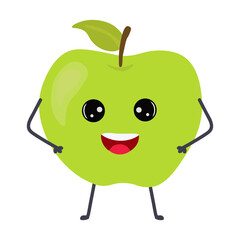 Cartoon apple with cute face. Illustration with funny and healthy food. Isolated on white background. Vegan concept