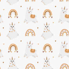 Fototapeta premium Seamless pattern with alpaca (llama), hearts and rainbows. Cartoon design animal character flat vector style. Baby texture for fabric, wrapping, textile, wallpaper, clothing.