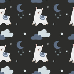 Seamless vector pattern with alpaca, stars and moon. Trendy baby texture for fabric, wallpaper, apparel, wrapping. Cute llama. Boho background.