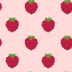 Seamless vector pattern with raspberries on a pink background  Suitable for the design of textile fabric, wrapping paper, and wallpaper for websites. Vector illustration.