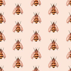 Seamless watercolor pattern with bees.
