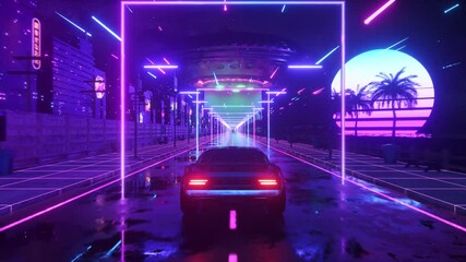 Car and city in neon cyberpunk style. 80s retrowave background 3d animation. Retro futuristic car drive through neon city. 3d render of seamless loop - Powered by Adobe