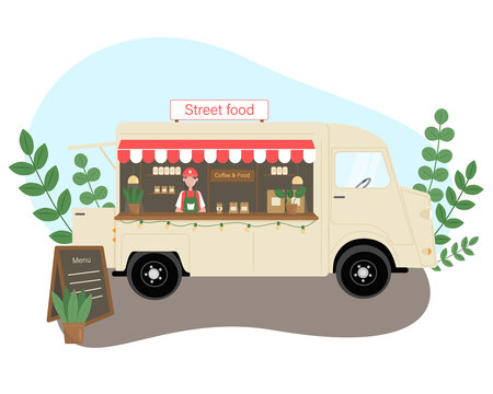 Street van, truck, trade. Canopy on wheels, range of fast food, street food, coffee, food, drinks. Street food market. Vector illustration