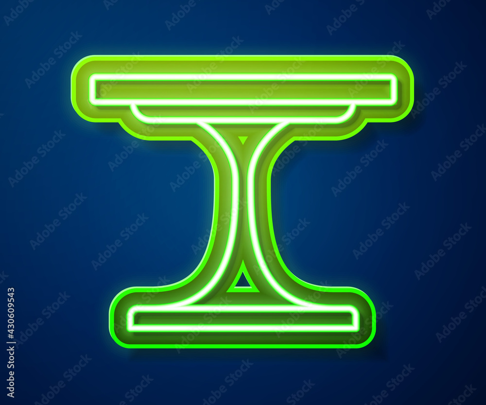 Sticker glowing neon line round table icon isolated on blue background. vector