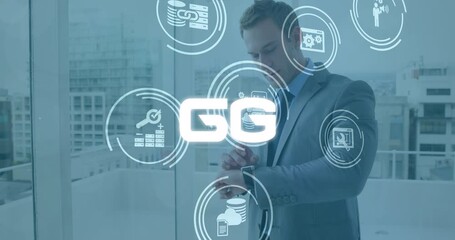 Neon 6g text and multiple digital icons floating against portrait of businessman using smartwatch - Powered by Adobe