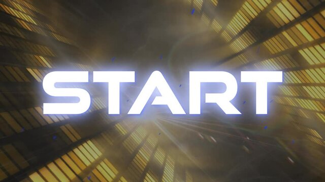 Animation of start text in white glowing letters over tunnel with yellow glowing lights
