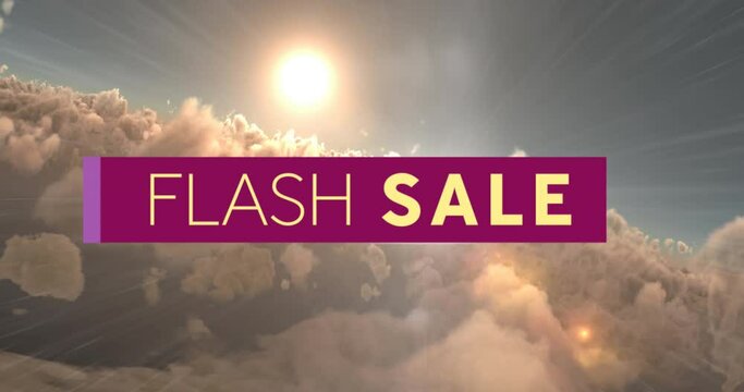 Digital animation of flash sale text over purple banner against sun shining in the sky