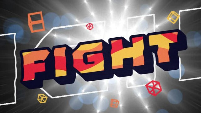 Animation of fight text in red, orange and yellow letters over geometric shapes and glowing