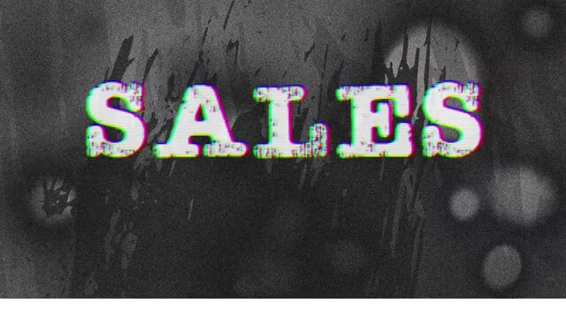 Animation of sales text in distressed letters over grey flickering background