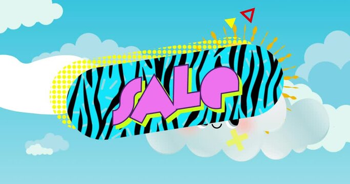 Animation of sale text in pink on zebra print banner and abstract shapes, white clouds and blue sky
