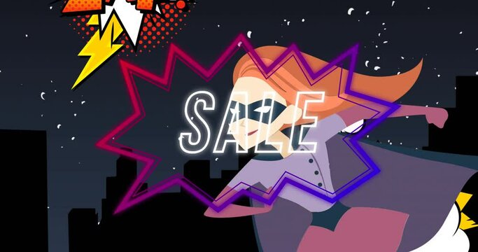 Animation of sale text in white in pink to purple speech bubble over retro superhero