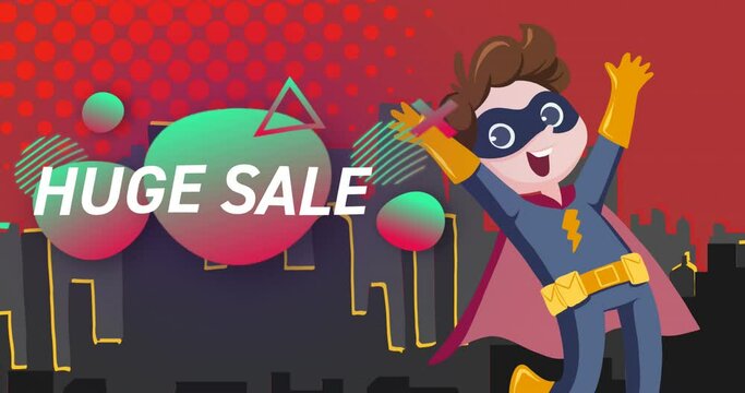 Animation of huge sale text in white over green to red shapes on retro superhero