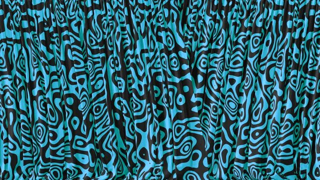 Realistic 3D animation of the textured blue tribal pattern curtain rendered in UHD with alpha matte