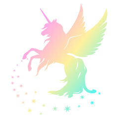 Silhouette of a climbing unicorn with stars. Rainbow silhouette on a white background. Element for creating design and decor, isolated from the white background.