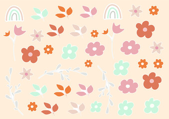 Spring sticker pack with Leaves , Flowers and Rainbow in retro style. Nude colors. Vector Design for card, print, book, kids story, scrapbooking
