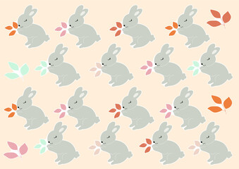 Sticker pack with Grey Baby Bunnies holds leaves in its paws. Little Rabbit. Cute Easter Animal. Hares Vector Kids Illustration isolated on background. Design for card, print, book, kids story