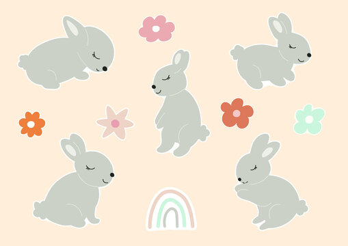 Sticker Pack with Spring Floral Elements and  Little Rabbits. Cute Easter Bunny with Leaves and Flowers. Hares Vector Kids Illustration isolated on background. Design for card,  book, kids story
