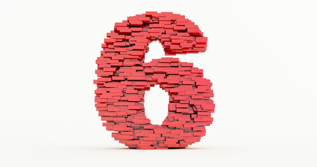 concept of bricks that build up to form the 6 six,.red number six on white background. 3d render,