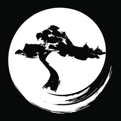 Vector illustration in oriental style. A tree on the background of the moon, drawn by hand with a brush. The concept of traditional Japanese or Chinese painting.