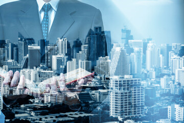 Young business man and digital number of stock market background to represent successful in...