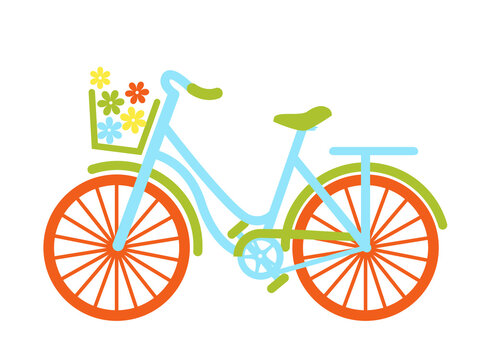 Hello summer vector bicycle with flowers in basket isolated white background for design or postcard. Vector bike in romantic summer tender colors with lettering.

