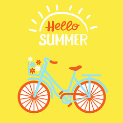 Hello summer vector bicycle with flowers in basket isolated white background for design or postcard. Vector bike in romantic summer tender colors with lettering.
