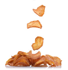 Falling flying meat chips isolated on white background. A serving of meat chips.