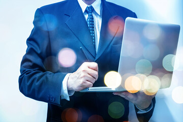 Young business man and digital number of stock market background to represent successful in...