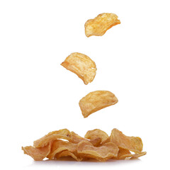 Falling flying meat chips isolated on white background. A serving of meat chips.