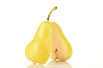 Two halves of organic ripe, yellow pears, close-up, isolated on white.