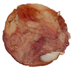 Meat chips close-up isolated on white, 1 piece.
Round dry slice of meat