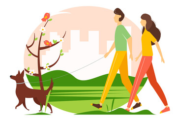 Woman and man walking the dog in the park. The concept of an active lifestyle, outdoor recreation. Spring illustration in flat style.