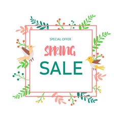 Spring sale poster design. Poster design with blooming leaves and birds. Cute illustration. 