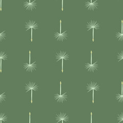 Seamless doodle pattern with simple dandelion white ornament print. Green olive background.