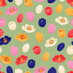 Seamless floral pattern red, yellow, purple, pink tulips and green leaves. Spring flowers background for wrapping, textile, wallpaper, scrapbook, Easter, Happy Mothers, Womens Day. Flat cartoon design