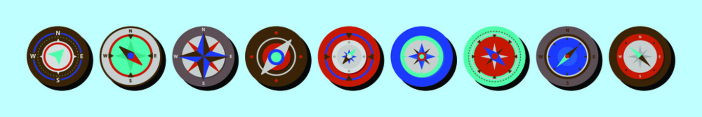 set of compass cartoon icon design template with various models. vector illustration isolated on blue background