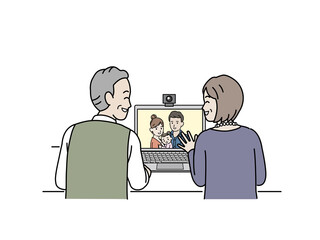 出産報告をする若い夫婦　オンライン帰省　三世代家族　老夫婦　イラスト素材