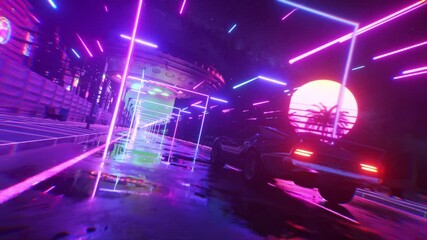 Car and city in neon cyberpunk style. 80s retrowave background 3d animation. Retro futuristic car drive through neon city. 3d render of seamless loop - Powered by Adobe
