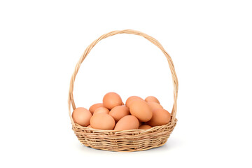 Fresh organic farm eggs placed in separate baskets on a white background.