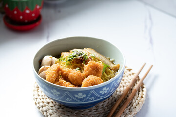 Egg Noodles and Fried Chicken with Fish Balls in Cups