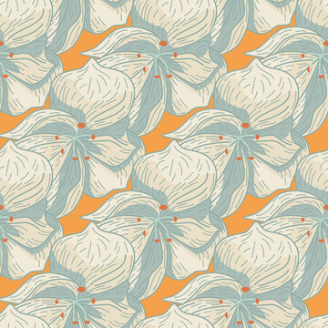 Light blue orchid flowers silhouettes seamless pattern. Orange background. Decorative doodle style.